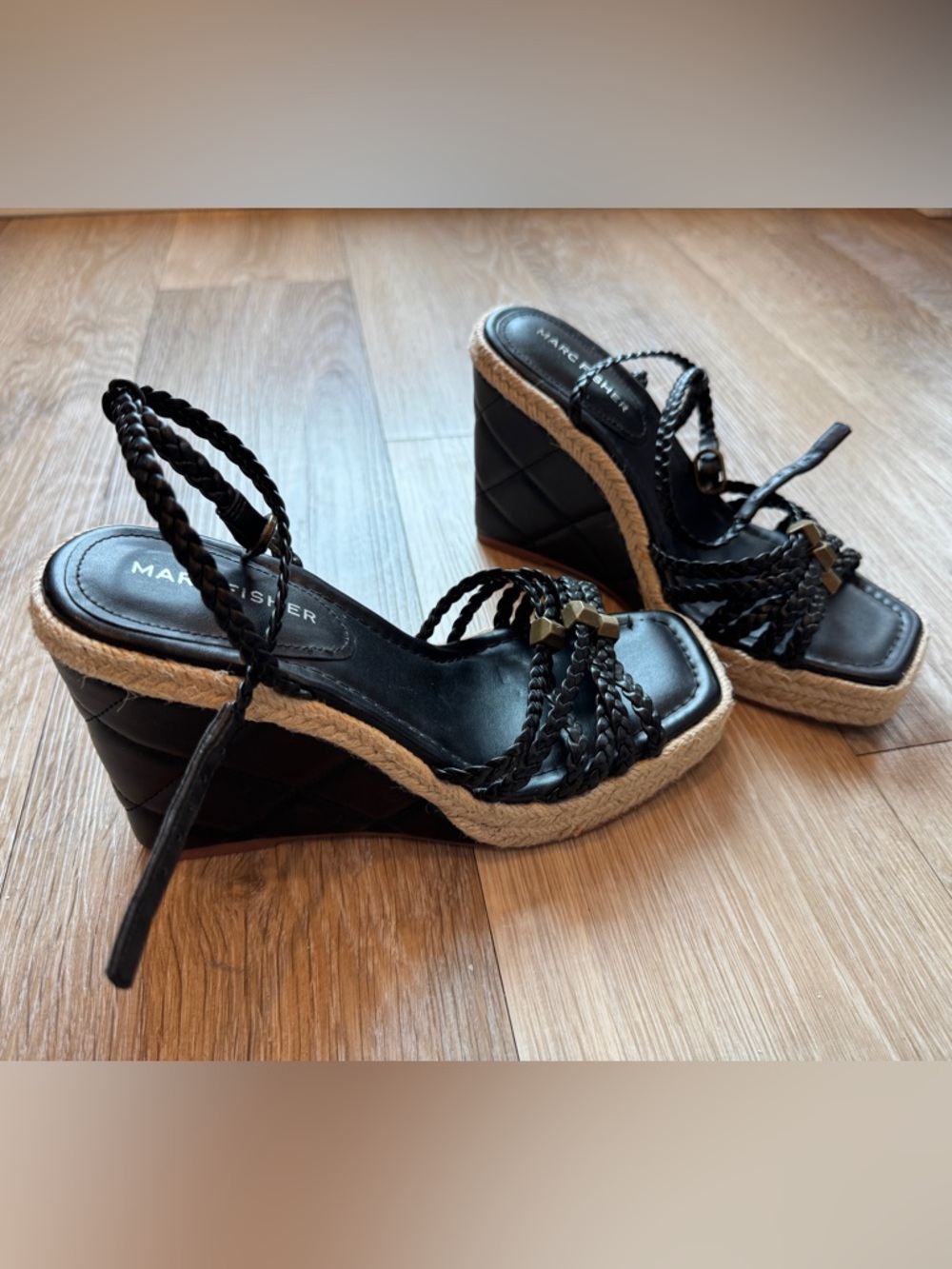 Marc Fisher Black Braided Espadrille Wedge Sandals with Gold Accents